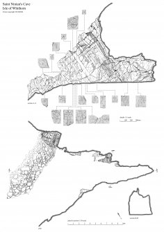 Ink survey drawing of St Ninian's Cave. Plan at 1:50 showing the location of section lines A-A1 and B-B1. Sections at 1:50. Section A-A1 shows the locations of incised crosses. Details of the incised crosses at 1:5. 