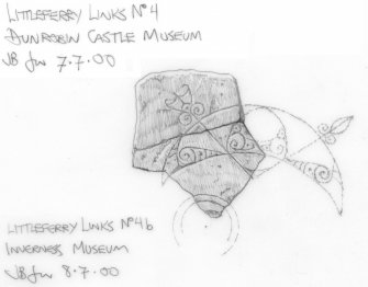 Pencil survey drawing of Littleferry Links with conjectural reconstruction at scale 1:5. 
No.4 Pictish Symbol stone fragment is in Dunrobin Castle Museum
No.4b Pictish Symbol stone fragment is in Inverness Museum