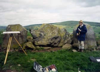 Adam Welfare during survey of Ardlair recumbent stone circle, view from SW 