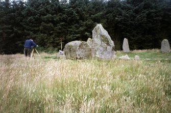 Kevin Macleod undertaking plane table survey of Ailey Brae recumbent stone circle, from SE