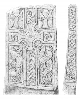 Scanned pencil survey drawing of Benvie Pictish cross slab, face a & b