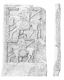 Scanned pencil survey drawing of Benvie Pictish cross slab, face c & d