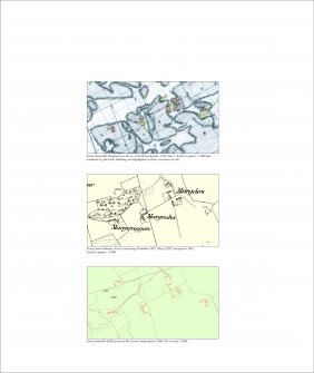 Illustration comparing the depiction of the farmsteads at Margdow, Margnaha and Margcraggan on John Farquharson's survey of North Lochtayside (1760), Plan 7, and the Ordnance Survey 6-inch map Perthshire 1867 Sheet LXXXI with the remains as surveyed by RCAHMS in 2000