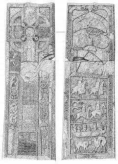 St Orland's Stone Pictish cross slab, Cossans. Ink drawing showing front and back slabs