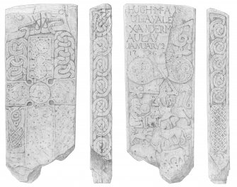 Conan Stone; scanned pencil drawing showing front, back and both sides of the carved cross slab