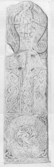 Pencil drawing of Chapel Of Garioch, The Maiden Stone Pictish cross slab 