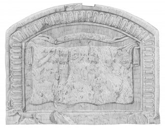 Castle Fraser, Moses Wellhead, scanned pencil drawing of inscribed central stone panel above door