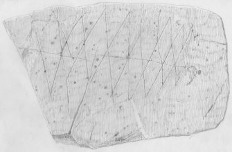 Scanned pencil drawing of incised stone fragment at Rhue