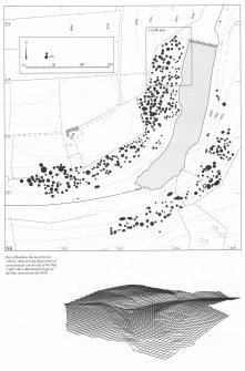 Publication drawing; map of flint-extraction pits and 3D image of of the Den of Boddam