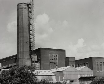 Image from photo album titled 'Braehead Oil Conversion', Chimney showing scaffolding