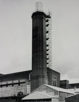 Image from photo album titled 'Braehead Oil Conversion', Chimney showing extension and Access Scaffolding