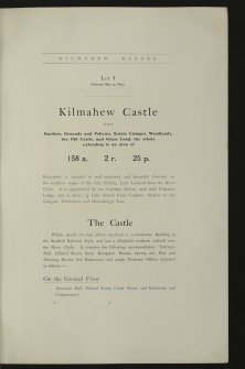 Estates Exchange, London. No.1494, Sale Brochure - map and photographs of Kilmahew Estate. Properties include Kilmahew House and Castle, Lodges, Farm and cottages together with Cairniedrouth Farm, Asker Farm, Kirkton Farm, Cardross Park, High and Low Milndovan Farms, Auchenfroe House, Golf Club House, Wallaceton Farm, Walton Farm, Craigend Farm and Auchensail Farm. Sepia photographs of Kilmahew House (2), Lodge, Cardross Park, Auchenfroe House, Kilmahew Golf House and Course. Also contains plan of Estate which identifies individual lots. November 1919