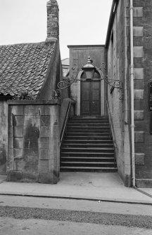 View of stairs up to entrance doorway, Evangelical Union Congregational Church, Eyemouth.