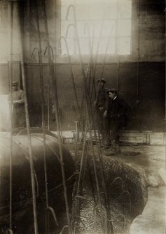 Image from photo album titled 'Stonebyres', No. 1 Unit. View showing reinforcement of concrete pedestal.