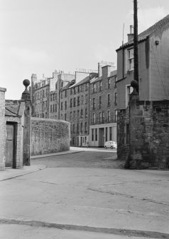 View of the gatepiers to Boroughloch Square, Edinburgh, seen from the south south west with Buccleuch Street in the background.