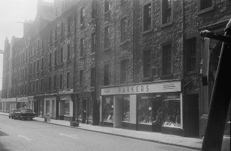 General view of ground floor shop fronts including Parker's Department store, Bristo Street, Edinburgh.