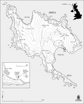 RCAHMS Illustration. Plan of gun emplacement and map locating the gun on St Kilda