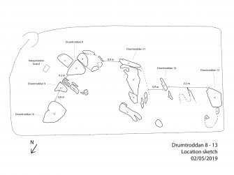 Scanned image of rock art location sketch, Scotland's Rock Art Project, Drumtroddan 8-13, Dumfries and Galloway