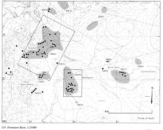 Overlay and base map showing distribution of sites in Drumturn Burn area. NE Perth Inv 124.