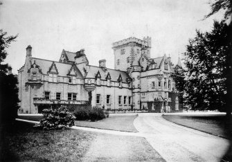 Digital copy of Moy Hall photographic print. General view of west entrance front from north west.