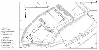 Publication drawing, for reduction. Plan of compound, indicating specific internal buildings and defensive features: Inventory p. 81.