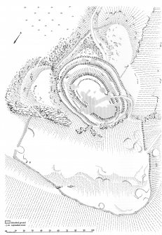 Publication drawing; Dunsinane Hill fort (overlay indicates disturbed ground and cup-marked stone).