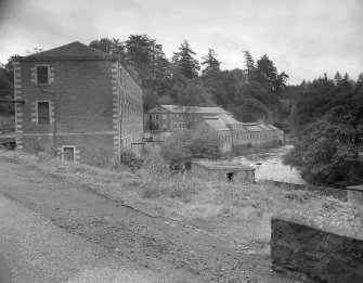 View of North elevation of the School, New Lanark, with the Dyeworks and Engineer's Shop behind.