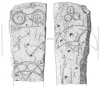 Scanned ink drawing: two faces of Dingwall Pictish symbol stone