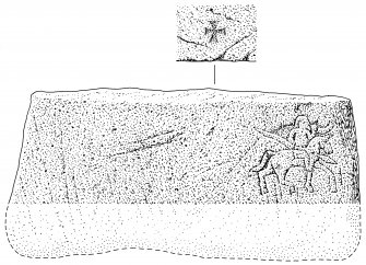 Scanned ink drawing at Dunkeld, Dunkeld Cathedral, Pictish Symbol Stone showing detail of incised horseman and cross.