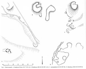 Plans of burnt mounds at Sundaywell Moor NX78SE 42 (A), Skelston Burn NX88NW 14.33  (B), Auchenfedrick NX88NW 50 (C) and Slatehouse Hill NX88NW 85 (D) (RCAHMS 1994, fig. 6)