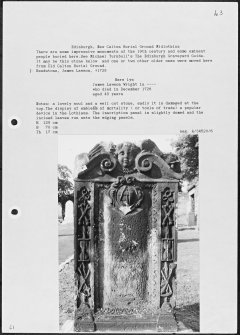 Notes and photographs relating to gravestones in New Calton Burial Ground, Edinburgh, Midlothian.
