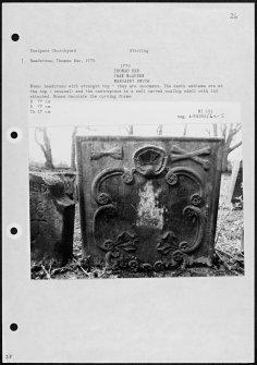 Photographs and research notes relating to graveyard monuments in Dunipace Churchyard, Stirlingshire. 
