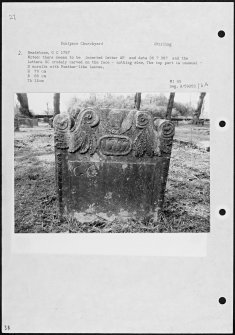 Photographs and research notes relating to graveyard monuments in Dunipace Churchyard, Stirlingshire. 
