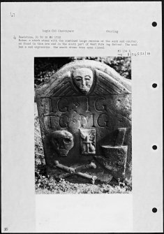 Photographs and research notes relating to graveyard monuments in Logie Old Churchyard, Stirlingshire. 
