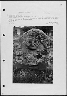 Photographs and research notes relating to graveyard monuments in Logie Old Churchyard, Stirlingshire. 
