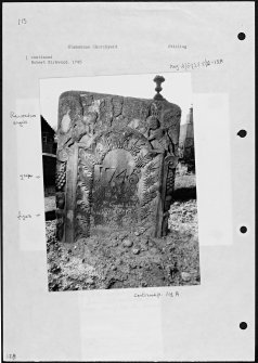 Photographs and research notes relating to graveyard monuments in Slamannan Churchyard, Stirlingshire. 
