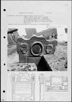 Photographs and research notes relating to graveyard monuments in Slamannan Churchyard, Stirlingshire. 
