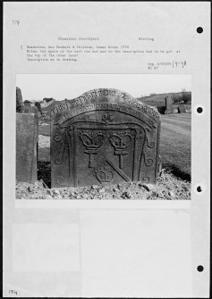 Photographs and research notes relating to graveyard monuments in Slamannan Churchyard, Stirlingshire. 
