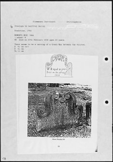 Photographs and research notes relating to graveyard monuments in Slamannan Churchyard, Stirlingshire. 
