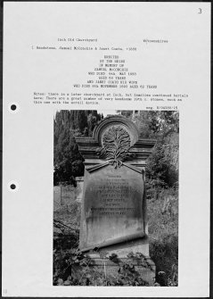 Photographs and research notes relating to graveyard monuments in Inch Old Churchyard, Wigtownshire. 
