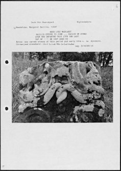 Photographs and research notes relating to graveyard monuments in Inch Old Churchyard, Wigtownshire. 
