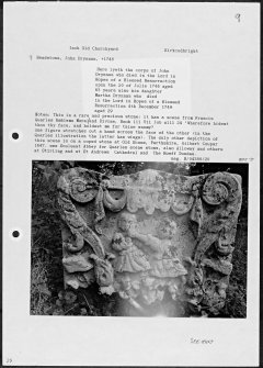 Photographs and research notes relating to graveyard monuments in Inch Old Churchyard, Wigtownshire. 
