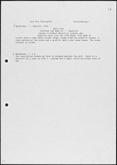 Photographs and research notes relating to graveyard monuments in Inch Old Churchyard, Wigtownshire. 
