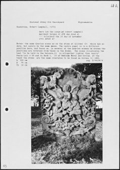 Photographs and research notes relating to graveyard monuments in Soulseat Abbey Churchyard, Wigtownshire. 
