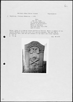 Photographs and research notes relating to graveyard monuments in Whithorn Abbey Burial Ground, Wigtownshire. 
