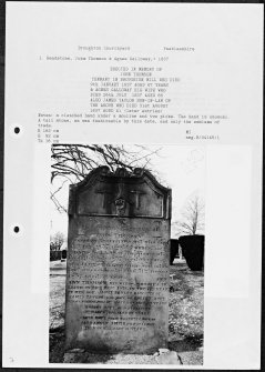 Photographs and research notes relating to graveyard monuments in Broughton Churchyard, Peeblesshire. 
