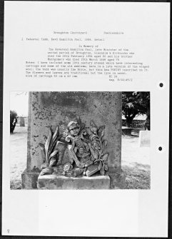 Photographs and research notes relating to graveyard monuments in Broughton Churchyard, Peeblesshire. 
