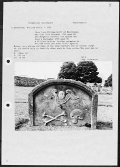 Photographs and research notes relating to graveyard monuments in Drumelzier Churchyard, Peeblesshire. 
