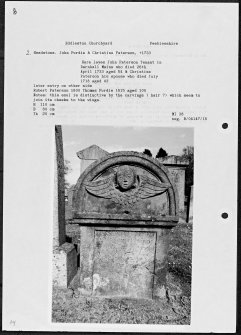 Photographs and research notes relating to graveyard monuments in Eddleston Churchyard, Peeblesshire. 
