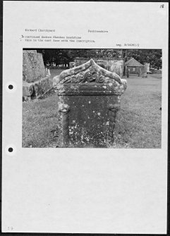 Photographs and research notes relating to graveyard monuments in Kirkurd Churchyard, Peeblesshire. 
